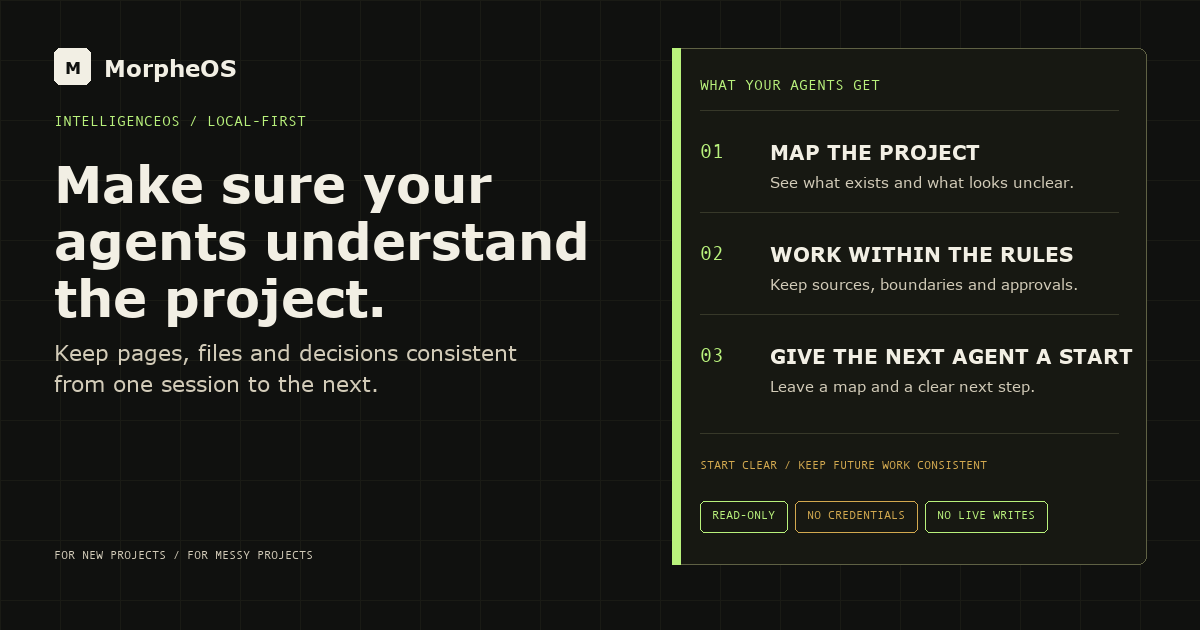 IntelligenceOS maps the project, keeps agents within its rules and gives the next agent a clear start