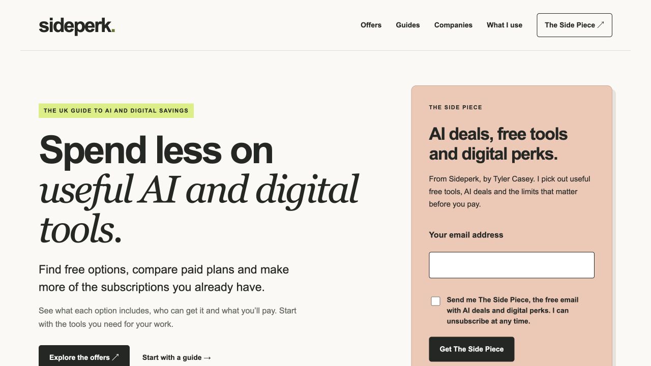 Sideperk homepage, captured on 8 September 2026