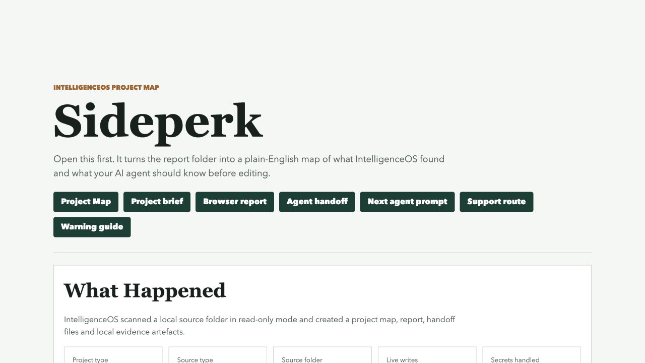 The Sideperk Project Map, linking its brief, browser report and agent handoff